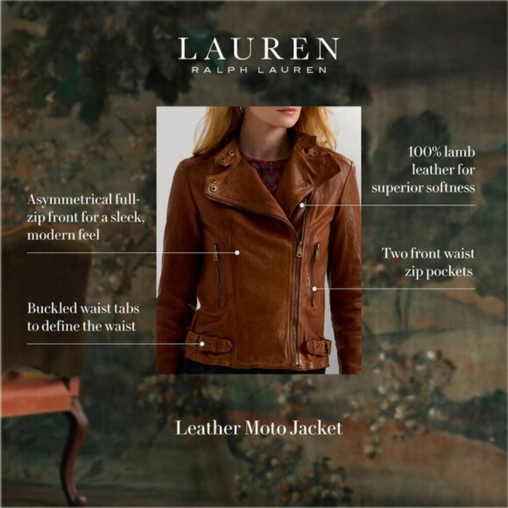 Lauren Ralph Lauren Burnished Lambskin Leather Moto Jacket, Walnut Size 14 $400